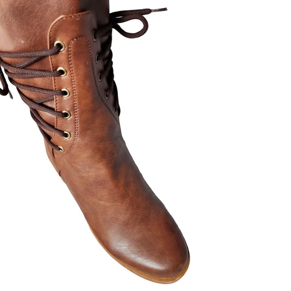 Women Brown Tan Leather Strappy Tie Back Zipper Studded Winter Boot/CN 38/US 7 - Picture 16 of 16